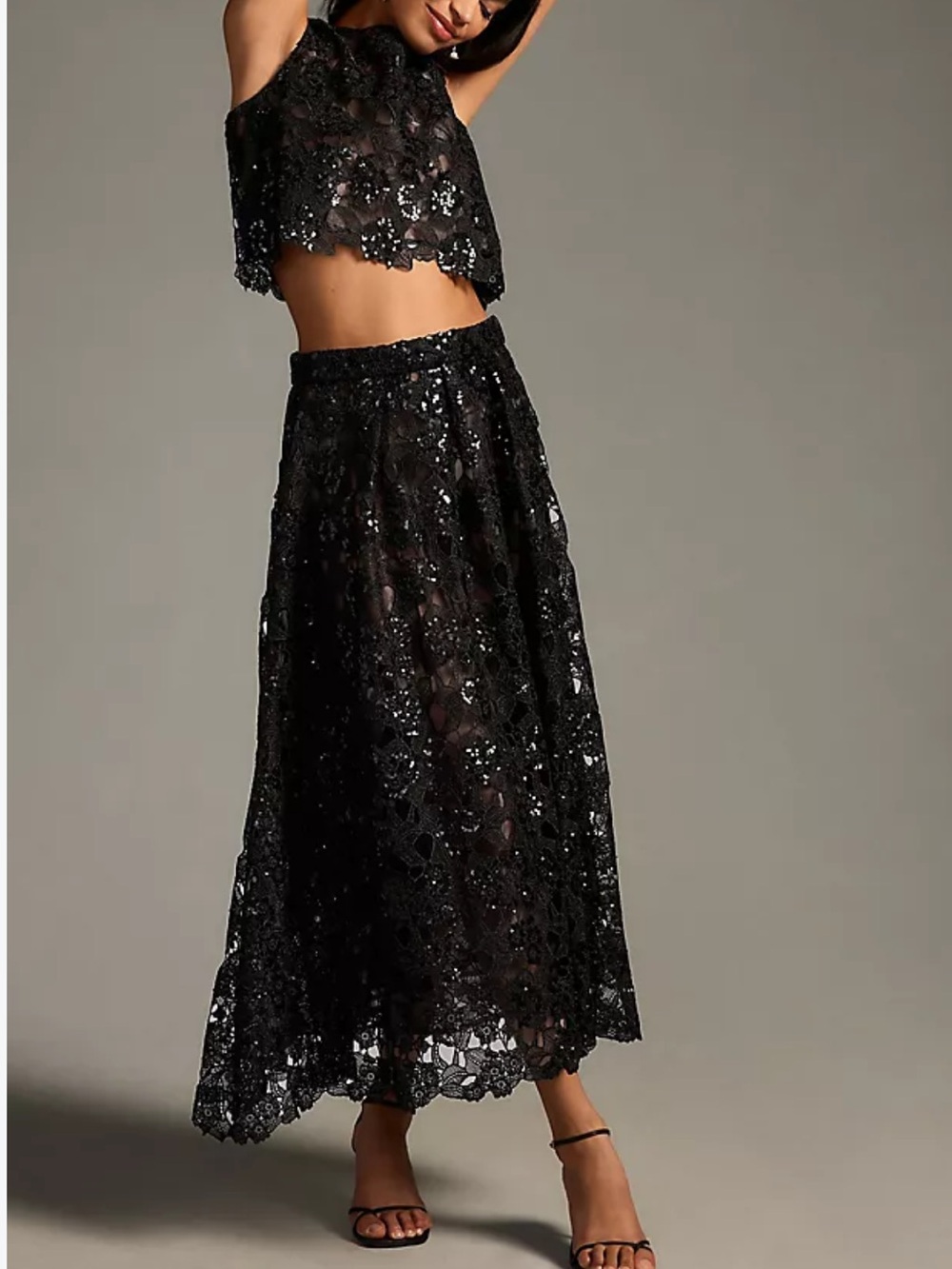 Eva Franco Embroidered Lace Shine Maxi Skirt black lace shimmering sequin size 2